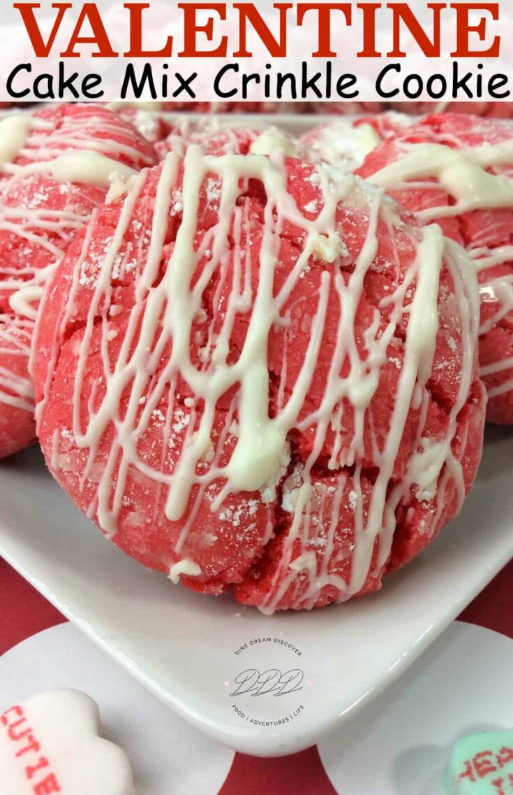 A deliciously and easy Valentine Cake Mix Crinkle Cookie recipe made with a white cake mix and topped with white chocolate drizzle. 