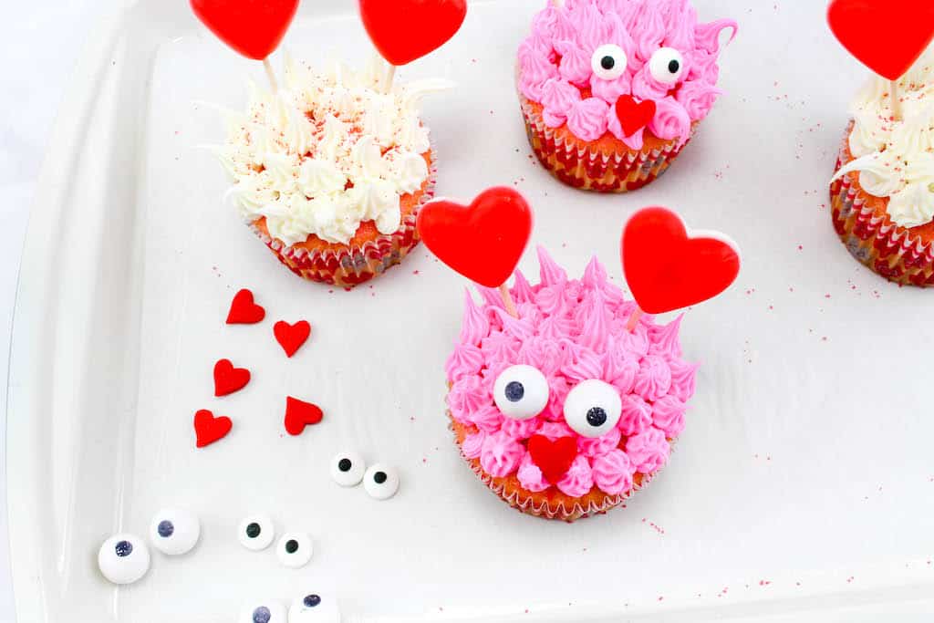 A fun Valentine Love Monster Cupcake Recipe that looks like a rugged monster that is perfect for the class or office party. 