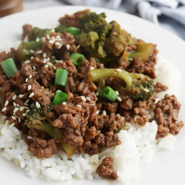 ground beef, green onions, broccoli, and rice