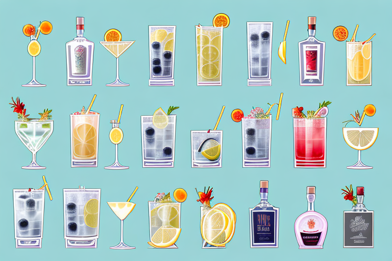 A variety of different summer gin cocktails with their ingredients and garnishes