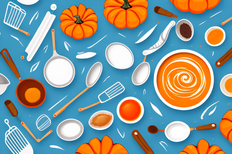 A bowl of pumpkin puree with various ingredients and kitchen utensils around it