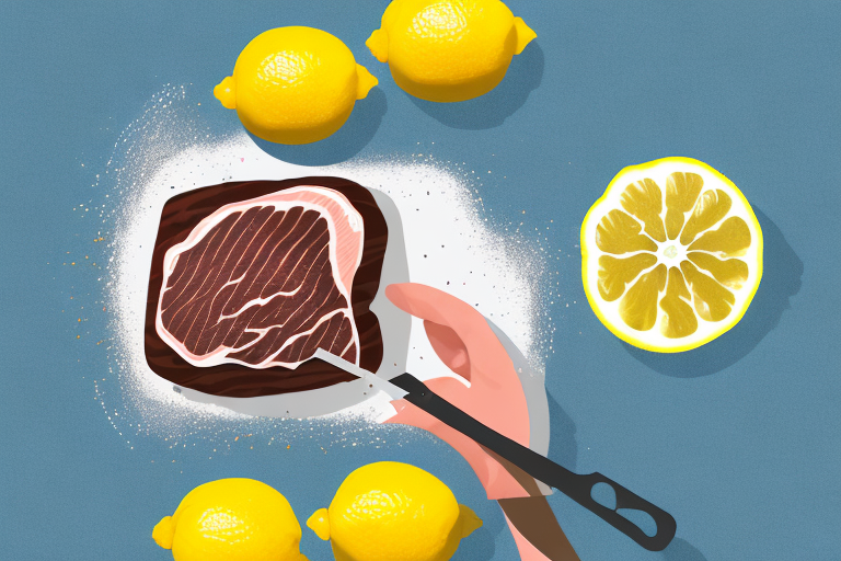 A ribeye steak being grilled with lemon and pepper seasoning