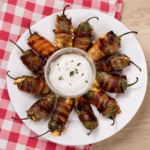 overhead view of the bacon wrapped jalapeño poppers ready to eat.